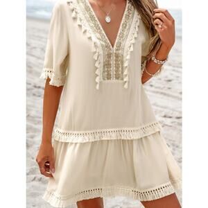 NWT Cupshe Boho Tassel Mini Dress M Beige V-Neck Embellished Lined Beach Coverup
